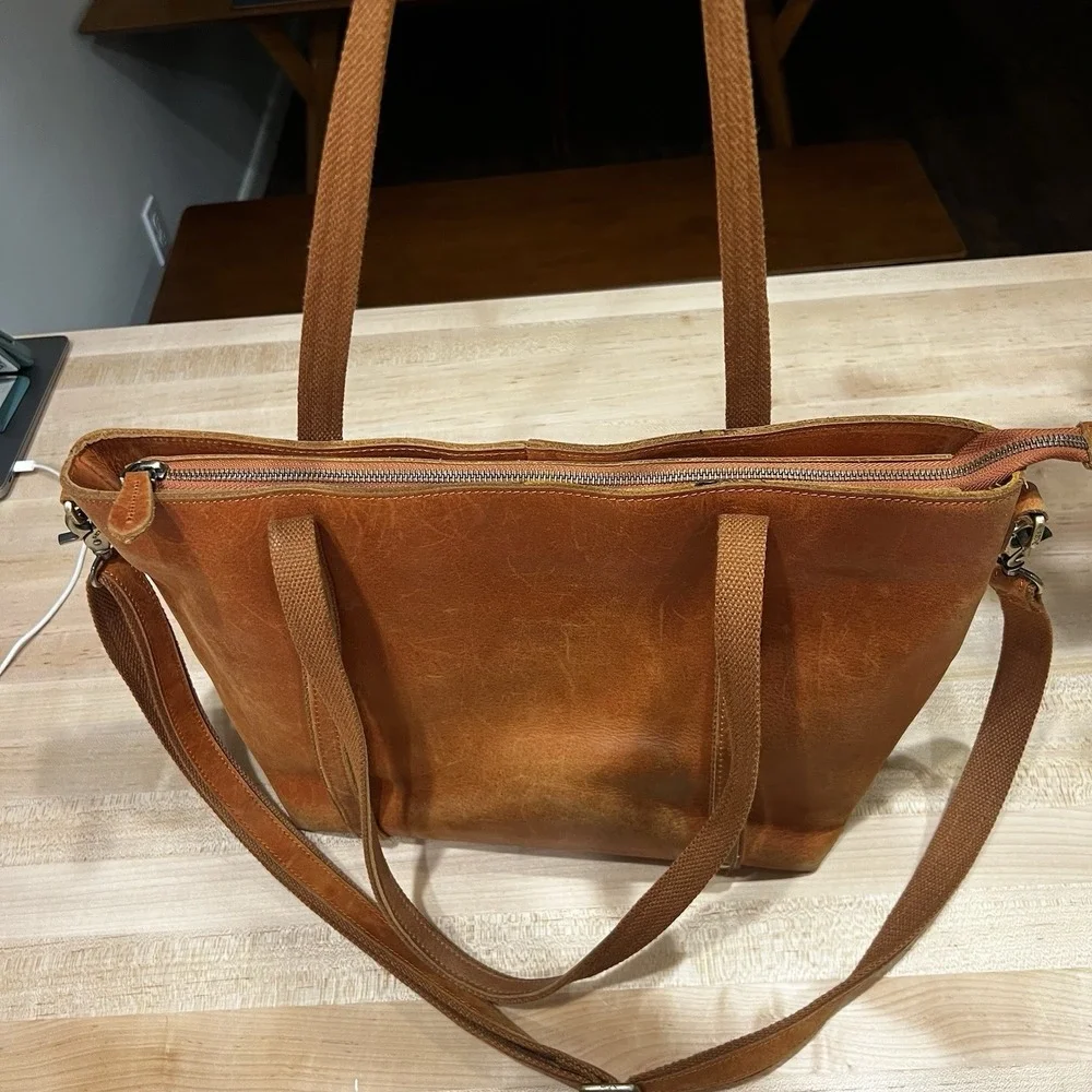 Szone Brown Cowhide Leather Tote Bag, Zipper Closure, Dual Strap, Large Size